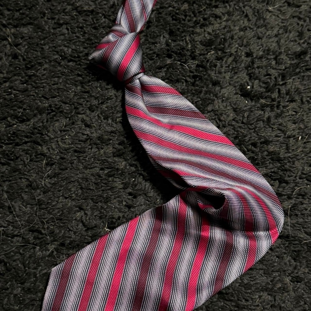 Claiborne 100% Silk Striped Necktie Red Burgundy Black Silver Hand Sewn